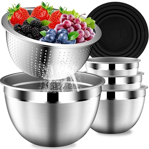 DUTZUN Mixing Bowls with Lids Set, Stainless Steel Mixing Bowls with Colander, Strainer with Mixing Bowl Set, Serving Bowl Kitchen Gift, Size 4.5, 2.5, 2, 1.5QT - Black - style: 9PCS Black