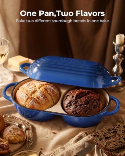 Sourdough Bread Baking Kit with Double Loaf Cast Iron Bread Pan, Blue | Bakes two mini loaves at once with banneton proofing baskets included - color: Blue, size: Double Bread Oven & Baking Kit