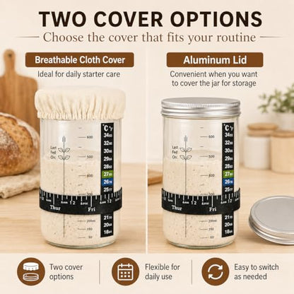 Sourdough Starter Kit for Beginners, 34oz Wide Mouth Sourdough Starter Jar with Guide & Recipes, Fridge Magnet Clip, Thermometer, Feeding Band, Spatula, Cloth & Aluminum Lid, Bread Baking Supplies