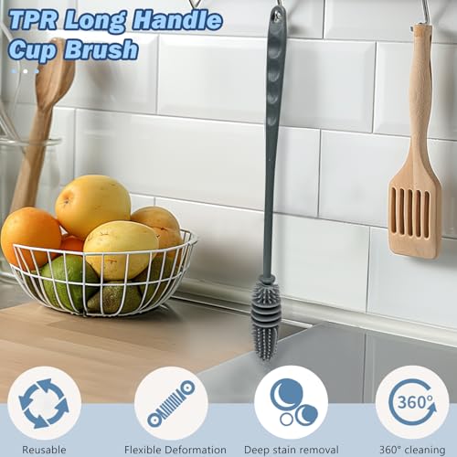 10.62" Gray Cup Cleaner Brush – Long Handle for Water Bottles, Thermos, Sports Bottles, and Narrow Containers