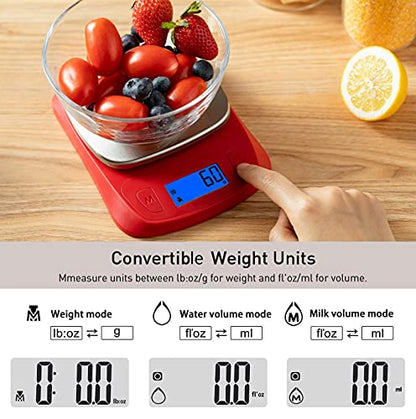 NUTRI FIT Ultra Slim Food Scale Digital Kitchen 1g Increment Measure in lb oz ml High Precision Weight in Grams and oz for Coffee Making, Meal Prep - Red/Stainless Steel - color: Red