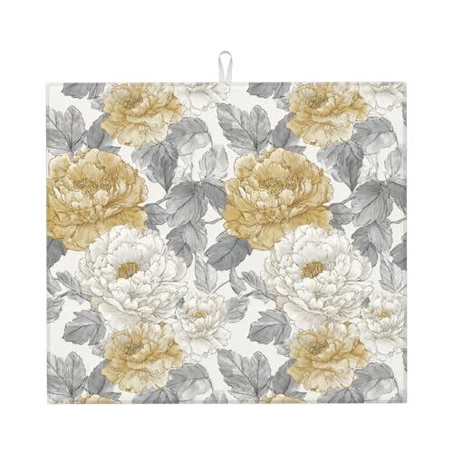 Dish Drying Mat Peony Floral Vintage for Kitchen Counter Absorbent 16x18 Inch Microfiber Dishes Plate Glass Dry Draining Pad Reversible Washable - color: C13, size: 16" x 18"