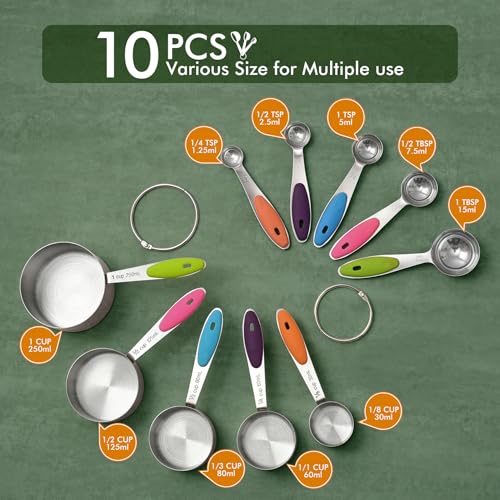 HOTEC 10-Pack Measuring Cups &Spoons Set, Kitchen Gadagets Cooking Baking, Measuring Spoons, Heavy Duty & Dishwasher Safe for Dry and Liquid Ingredients, Multicolor - color: Multicolor