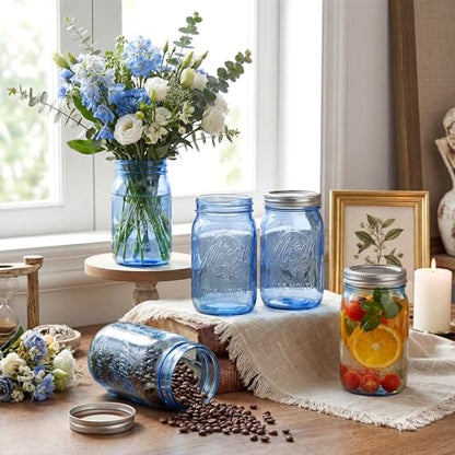 SUT Blue Wide Mouth Mason Jars 32 oz,9 Pack Glass Jars with Airtight lid, Canning jars for Preserving, Jam, Honey, Jelly, Wedding Favors, Sauces, Meal Prep, Overnight Oats, Salad - color: Blue