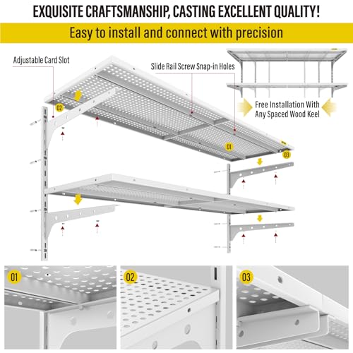 Aecxm 2-Pack 2 Tier 1.3x4ft Garage Shelving Wall Mounted, 520lbs Load Capacity，15.6x48inch per Shelf Height Cassette Adjustable Floating Shelves (White) - color: White, size: 4pack-1.3x4ft