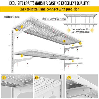 Aecxm 2-Pack 2 Tier 1.3x4ft Garage Shelving Wall Mounted, 520lbs Load Capacity，15.6x48inch per Shelf Height Cassette Adjustable Floating Shelves (White) - color: White, size: 4pack-1.3x4ft