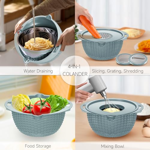 4-1 Strainer with Bowl & Spoons Set - Strainers and Colanders(Patented) - Colanders for kitchen - Food Strainer with New Upgraded Graters & Spoons - Fruit Bowl for Pasta Fruits Veggie- Blue - color: Blue