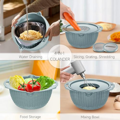 4-1 Strainer with Bowl & Spoons Set - Strainers and Colanders(Patented) - Colanders for kitchen - Food Strainer with New Upgraded Graters & Spoons - Fruit Bowl for Pasta Fruits Veggie- Blue - color: Blue