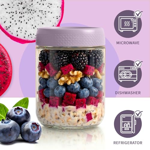 16 oz Overnight Oats Containers with Lids, 6 Pack Wide Mouth Mason Jar with Lid, Yogurt Containers with Lids for Kitchen, Glass Jars for Storage, Pudding, Chia, Prep, Snack, Sugar, (Purple) - color: Purple