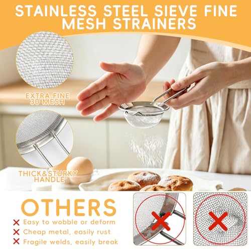 3-Piece Stainless Steel Mesh Strainer Set Small/Med/Large Fine Mesh Kitchen Sifters w/Handles – Silver, for Sifting/Straining/Cooking