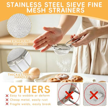 3-Piece Stainless Steel Mesh Strainer Set Small/Med/Large Fine Mesh Kitchen Sifters w/Handles – Silver, for Sifting/Straining/Cooking