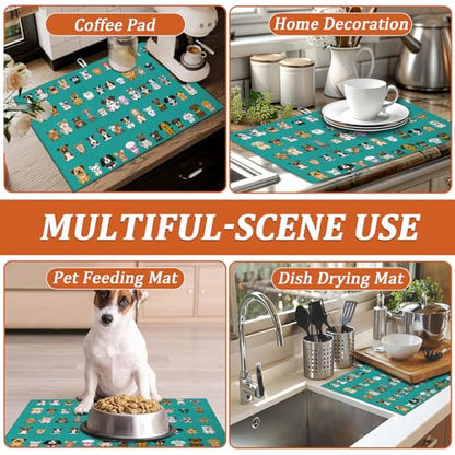 Cute Dogs Dish Drying Mat for Kitchen Counter Microfiber Absorbent Dish Cartoon Kitchen Drying Mat Draining Reusable Washable for Dishes/Utensils/Countertops/Sinks