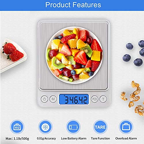 UNIWEIGH Digital Kitchen Scale, 500g/0.01g Gram Scale,Cooking Food Scale Digital Weight Grams and OZ with LCD Display, Digital Jewelry Coffee Scale with 2 Trays,Auto Off, Tare，Stainless Steel - size: 500G