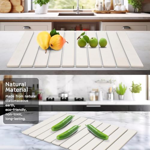 Large Stone Dish Drying Mat for Kitchen Counter, 24"(L)×16"(W), Collapsible Quick Drying Dish Mats, Ultra Absorbent Diatomaceous Earth Mats for Dishes Bottles Cups, Match Any Countertop - size: 24" x 16"