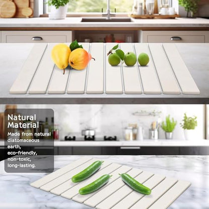 Large Stone Dish Drying Mat for Kitchen Counter, 24"(L)×16"(W), Collapsible Quick Drying Dish Mats, Ultra Absorbent Diatomaceous Earth Mats for Dishes Bottles Cups, Match Any Countertop - size: 24" x 16"