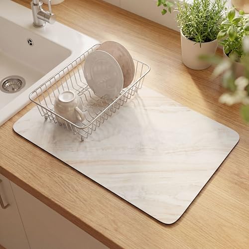 LemonRoad Dish Drying Mat for Kitchen Counter, 12"x20" Absorbent Coffee Bar Mat with Marble Texture Design, Fast-dry Diatomite Drainer Drying Mats with Non-slip Backing for Kitchen Sink Countertop - style: Marble Pattern