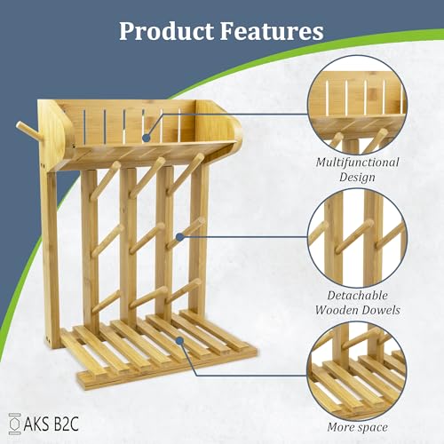 Bamboo Baby Bottle Drying Rack, Vertical Space Saving Kitchen Organizer, 9 Bottle Capacity, Countertop Storage Holder and Bottle Dryer with Draining Base (Comes with a Free Cleaning Brush)