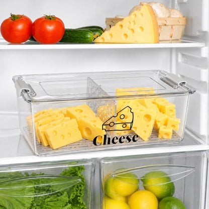 Cheese Container Airtight with Draining Basket Cream Block Cheese Sliced Cheeses Box with Lid for Fridge Shredded Saver 2 Compartment Deli Meat Storage Box,Cheeses Sliced,Grated,Cheddar Keeper - color: Clear - Big