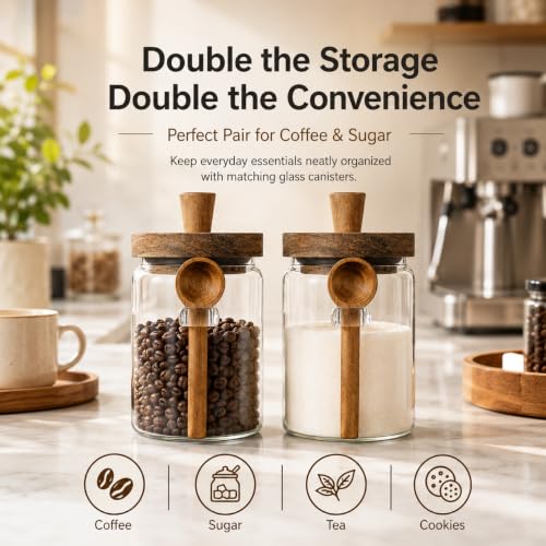 ANSQU Set of 2 Glass Coffee Canisters, 20.3 oz Jar with Spoon | Coffee Bar Organizer, Coffee Jar with Wooden Lid, Coffee Grounds Container - size: 20.3oz-2pack (φ3.54")