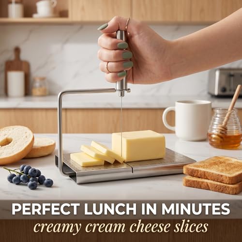 Cheese Slicer Board with Wire, Stainless Steel Cheese Cutter with Measuring Grid, Adjustable Thickness for Cheese & Butter, Includes 5 Replacement Wires