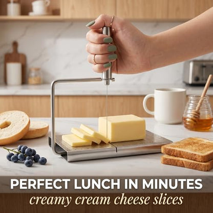 Cheese Slicer Board with Wire, Stainless Steel Cheese Cutter with Measuring Grid, Adjustable Thickness for Cheese & Butter, Includes 5 Replacement Wires