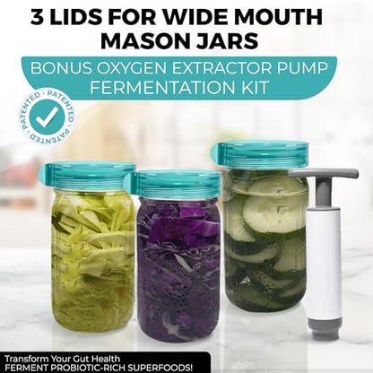 Fermentation Kit, Includes 3 Fermenting Lids for Wide Mouth Mason Jars & Oxygen Extractor Pump, Mason Jar Airlock Lid For Fermenting Kimchi, Pickle, & Sauerkraut
