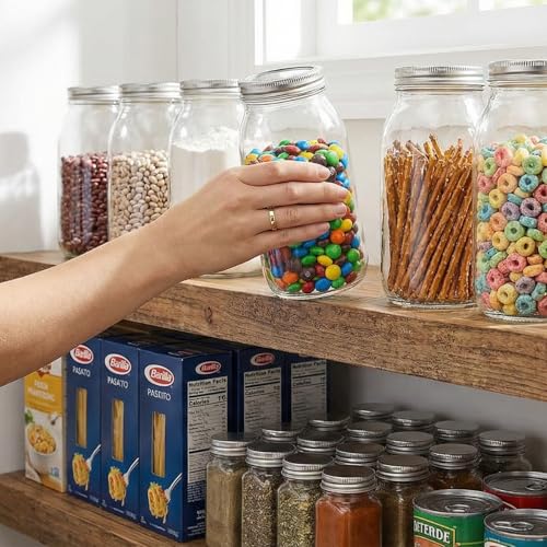 novelinks 64 oz Large Plastic Mason Jars with Airtight Lids Wide Mouth | 4 Pack, Silver, Storage Jars with Airtight Lids, Mason Jars 64oz, Big Jars Wide Mouth, Plastic Storage Containers for Pantry - color: Silver