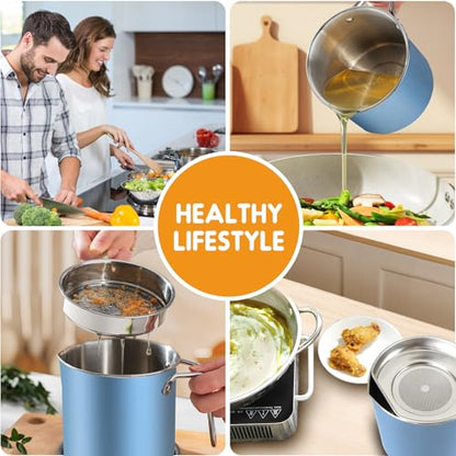 Chihee Grease Container Stainless Steel 2L / 67.6 fl oz Fine Mesh Strainer | Easy to Clean Large Spout Bacon Grease Saver Cooking Oil Keeper Stoarge Can with Dust-proof Lid Non-slip Tray Kitchen Frying - color: Azure(2L)