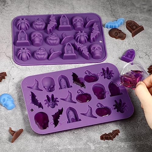 Webake Halloween Candy Chocolate Molds 3D, 18-Cavity Halloween Silicone Molds Shaped with Skull Pumpkin Witch Hat Bat Spider Tombstone for Baking Chocolate Jelly Gummy Dessert (2 PACK) - style: Halloween