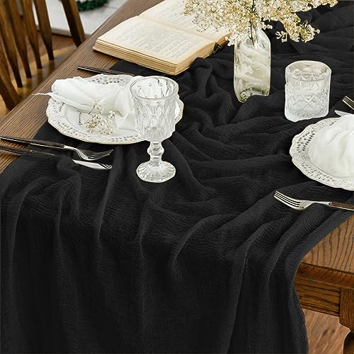 Artoid Mode Boho Cheesecloth Gauze Black Wedding Table Runner, 120 Inch Seasonal Fabric Kitchen Dining Holiday Table Decor for Home Party Indoor - color: Black, size: 120"
