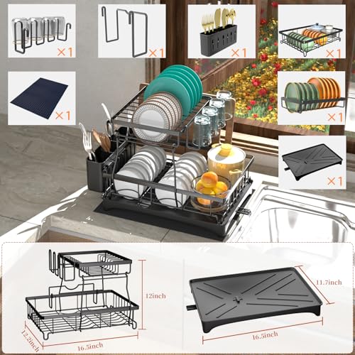 Godboat 2-Tier Dish Drying Rack - Dish Rack with Auto Drain-to-Sink & Mat | Dish Racks for Kitchen Counter, Dish Drainer with Knife Fork & Cup Rack, Gifts for Women, Mothers Day, Kitchen Gadgets, Black - size: X-Large/(2-Tier)