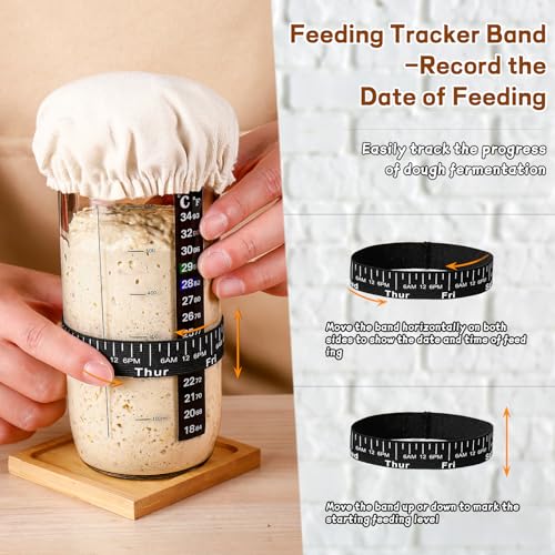 Sourdough Bread Baking Supplies,24 oz Sourdough Starter Jar Glass, Sourdough Starter Kit with Date Marked Feeding Band, Thermometer, Silicone Scraper, Sewn Cloth Cover & Aluminum Lid, Sourdough Jar - size: 24oz-1pcs