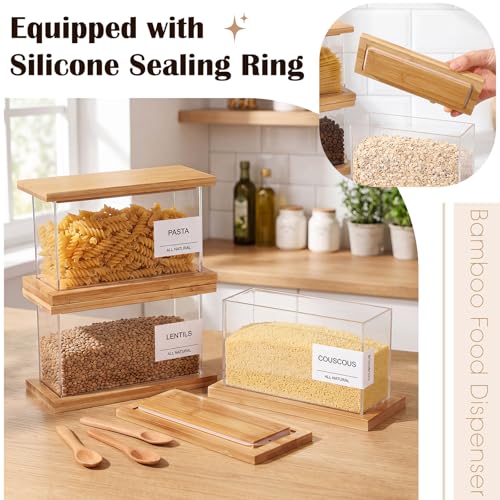 6 Pack Square Acrylic Pantry Storage Containers with Lid Cereal Containers Storage with 144 Pantry Labels, 100oz Small Spice Jars with Airtight Bamboo Lids and Spoon for Sugar, Cereal, Spice - size: 71oz