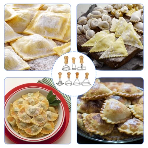 Tiiyee Ravioli Stamp Set, Pasta Cutter Press Dumplings Maker Mold Dough Dumpling Crimper Cookies Making Tool Wooden Handle Fluted Edge Kitchen Attachment Round Square Heart Shape for Lasagna Pierogi