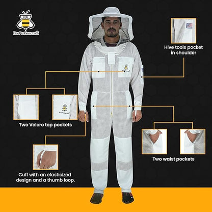 3-Layer Ultra Ventilated Mesh Beekeeping Suit for Men & Women with Veil Sting-Proof Bee Suit with Leather Gloves & Bag - color: Off-white, size: 3X-Large