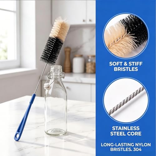 2 Pack 17 Inch Long Bottle Brush Set, Dual 2" & 1.3" Soft Nylon Bristles, Flexible Handle for Narrow Neck Bottles, Water Bottles, Kombucha, Wine Bottles, Spice Jars, Hummingbird Feeders