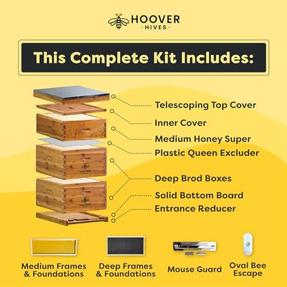 Hoover Hives: The Original Beeswax Coated Beehive Kit. Includes 2 Deep & 1 Medium Boxes with 10 Wooden Frames & Heavy Wax Coated Foundations. Easy Assembly with Predrilled Holes& Screws (Unassembled)