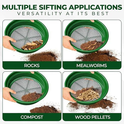 SE 13.25 Inch Wide Stackable Classifier Gold Prospecting Pan Set - Includes 1/2" 1/4" 1/8" 1/12" and 1/20" Stainless Steel Mesh Sifting Pans, Green, 5 Pack - size: 5 Pieces, style: Pans