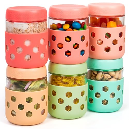 Gemice 6-Pack 16 oz Overnight Oats Containers with Lids and Silicone Sleeves, Glass Mason Jars with Airtight Lid, Dishwasher Safe, Wide Mouth Chia Seed Pudding Meal Prep Jar for Yogurt Berries Snack - color: Pink, size: 16oz, 6-Pack