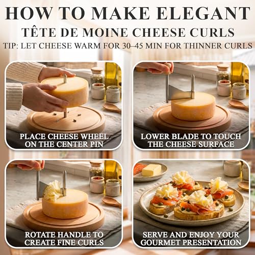 Cheese Curler Wheel for Tete de Moine Cheese Curls - Cheese Shaver Tool with Stainless Steel Blade, Silicone Non-Slip Pads on Wooden Base for Decorative Home and Tableside Serving on Cheese Boards