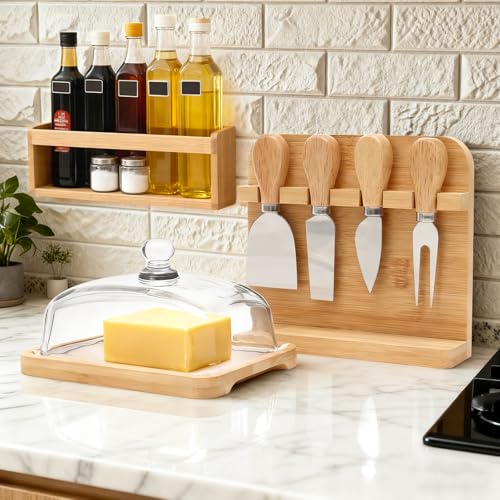 Butter Dish with Lid and 4 Cheese Knives Set, Bamboo and Glass | Glass butter dish with bamboo lid, 4 cheese knives included, 50 greaseproof paper sheets, Dishwasher safe, Easy to clean