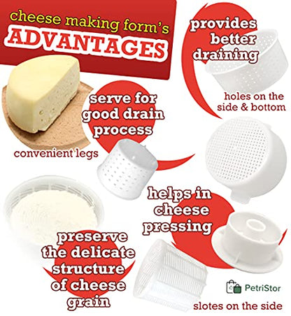 11 pcs Cheese Making Kit Beginners - Soft Cheese Molds + Cheese Mold with a Follower Piston - Cheese Making Supplies - Moldes Para Queso Fresco Casero - Paneer Cream Cheese Form Mold Basket № 2