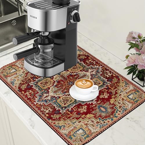Boho Dish Drying Mat Persian Tribal Coffee Bar Mat for Countertop Absorbent Rubber Backed Hide Stain Dish Drainer Rack Pad Espresso Machine Coffee Pot Dining Room Decoration 15.7 x 23.6 Inch - size: 15.7" x 23.6"