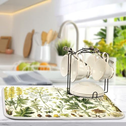 Kcldeci A Sheet Of Antique Botanical Dish Drying Mat Kitchen Drying Pad Dish Draining Mat Dish Rack Drainer Pad 16 x 18 - color: Botanical, size: 16x18in