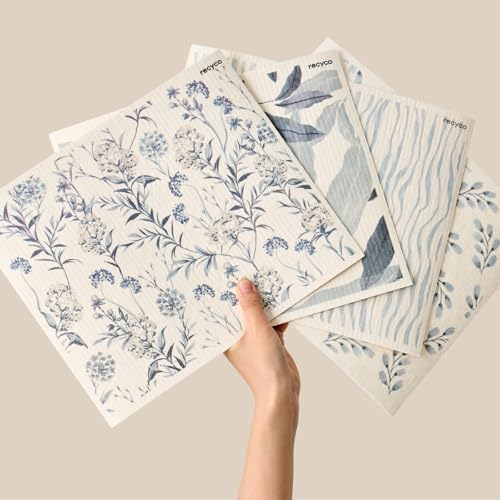 RECYCO Swedish Dishcloths for Kitchen | 4 Pack Oversized Washable Dish Rags | Large Cellulose Reusable Cleaning Paper Towels | Absorbent Counter Dish Cloth Sponge XL Kitchen Wipes, 12" L x 10" W - color: Watercolor Florals Stormy Blue - Xl 4 Pack
