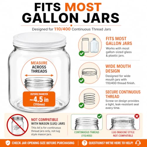 White Metal Lid for 1 Gallon & 1/2 Gallon Wide Mouth Glass Jars – 110mm (4.33") ID & (4.50") OD Fit – Food-Grade, Leak-Resistant Caps (Jars Not Included)