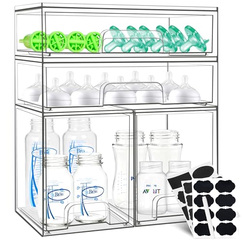 Baby Bottle Organizer, 4 Pack Stackable Storage Drawers with Labels, Clear Station Organizers Container for Pacifiers, Pump Parts, Desk Organizer Bins for Bathroom, Cabinet, Pantry, Vanity, Countertop - style: 2 High+2 Wide