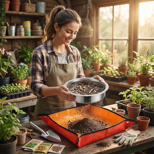 8 PCS Soil Sifter Set for Garden, Stainless Steel Soils Sieve Set, Compost Sifter with 5PCS Replaceable Mesh(1,3,6,9,12mm) Sieve and Bonsai Soil Scoop, 1 mat, 1 Frame, for Compost Bonsai Rocks Sand
