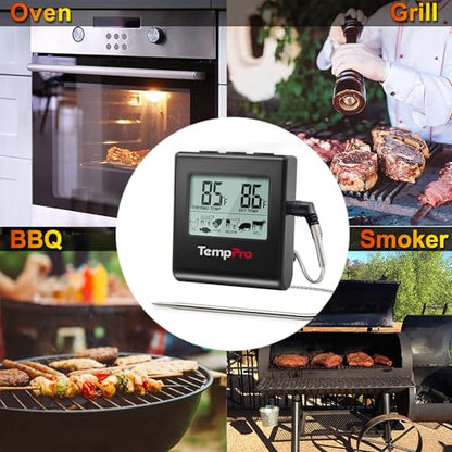 TempPro TP16 Large LCD Digital Meat Thermometer for Cooking, Smoking, Grilling, BBQ Food Temperature Indicator with Clock Timer and Stainless Steel Probe, Black(Previously ThermoPro) - color: Pure Black