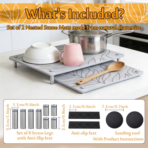 2PCS Nesting Stone Drying Mat for Kitchen Counter, Diatomaceous Earth Dish Drying Mat with Non-Slip Feet, Quick Dry Stone Mats Kitchen, Heat Resistant Stones Dish Dry Mats for Bottle Cup